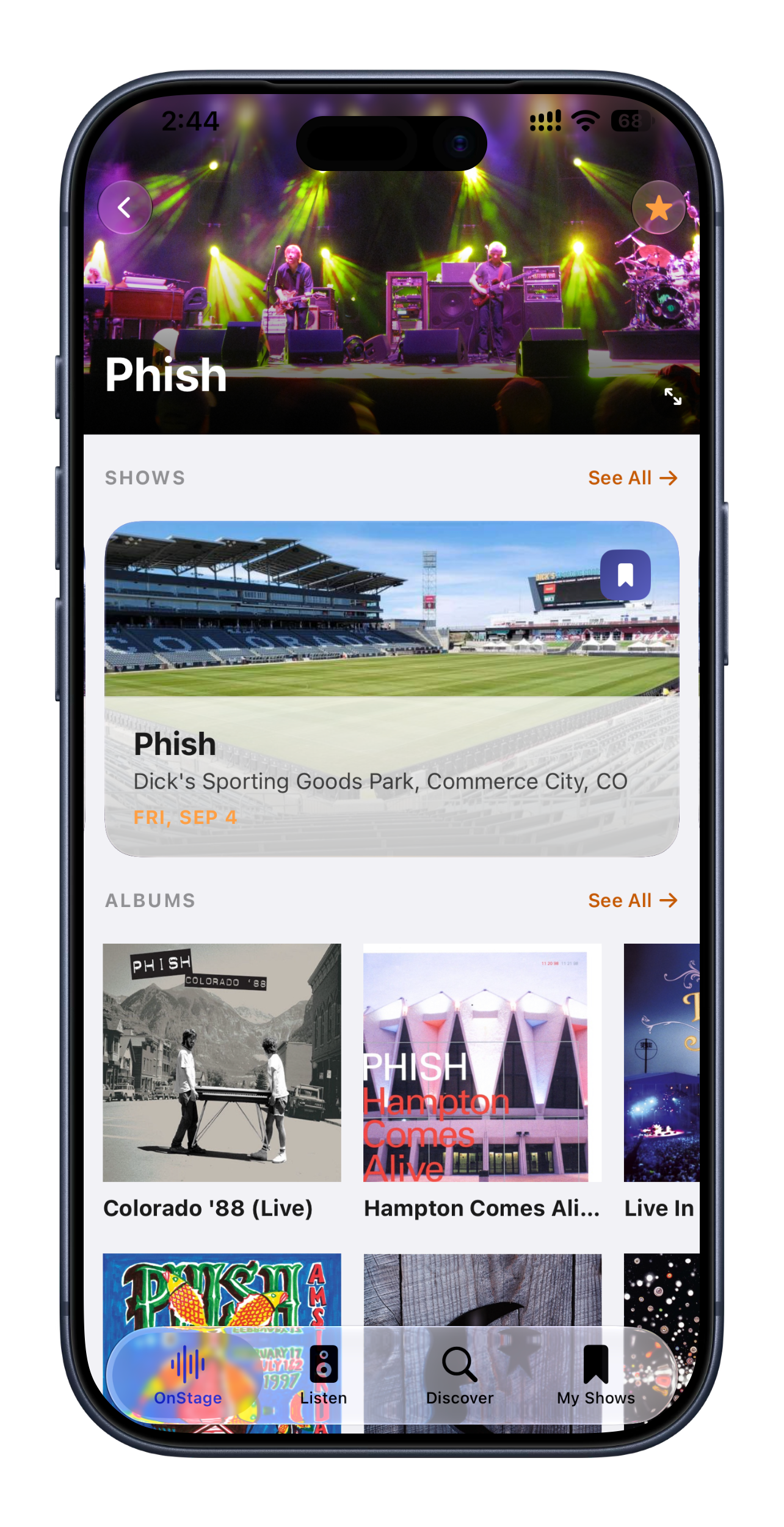 OnStage's tour browser listing a Phish 2026 tour