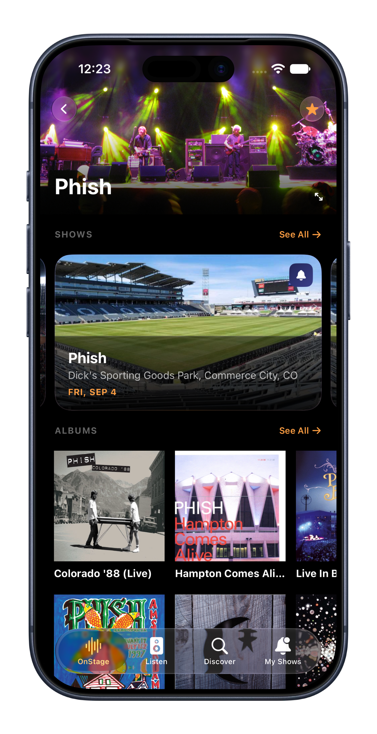 OnStage's tour browser listing a Phish 2026 tour