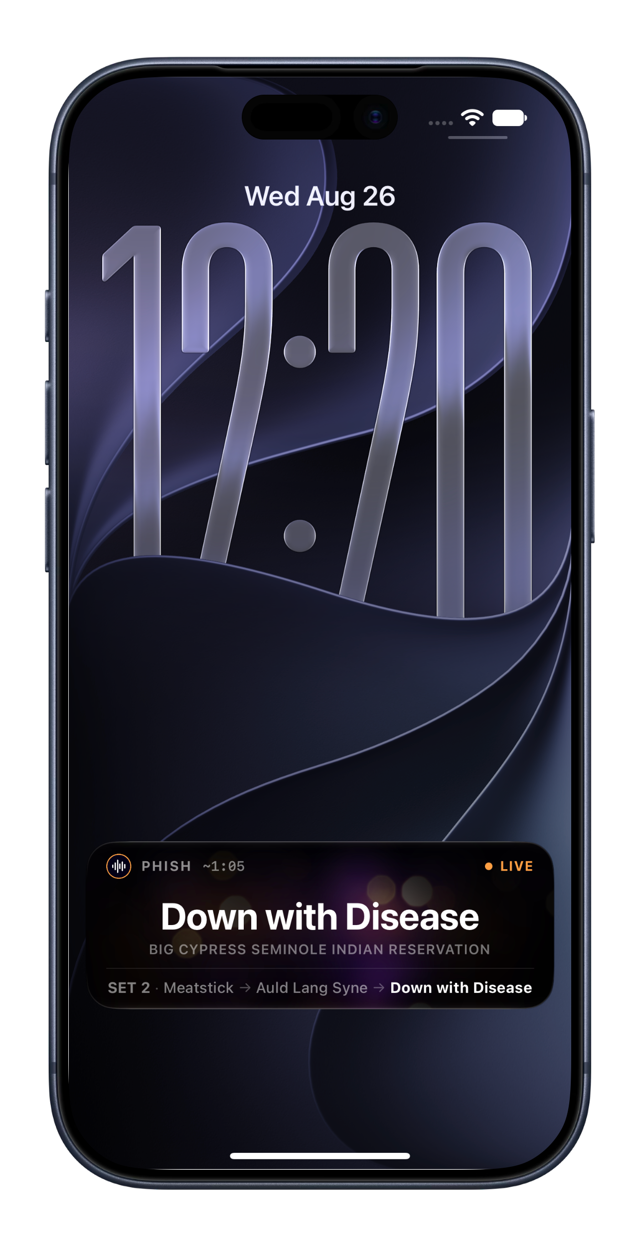 OnStage's Lock Screen Live Activity showing a live Phish set in progress