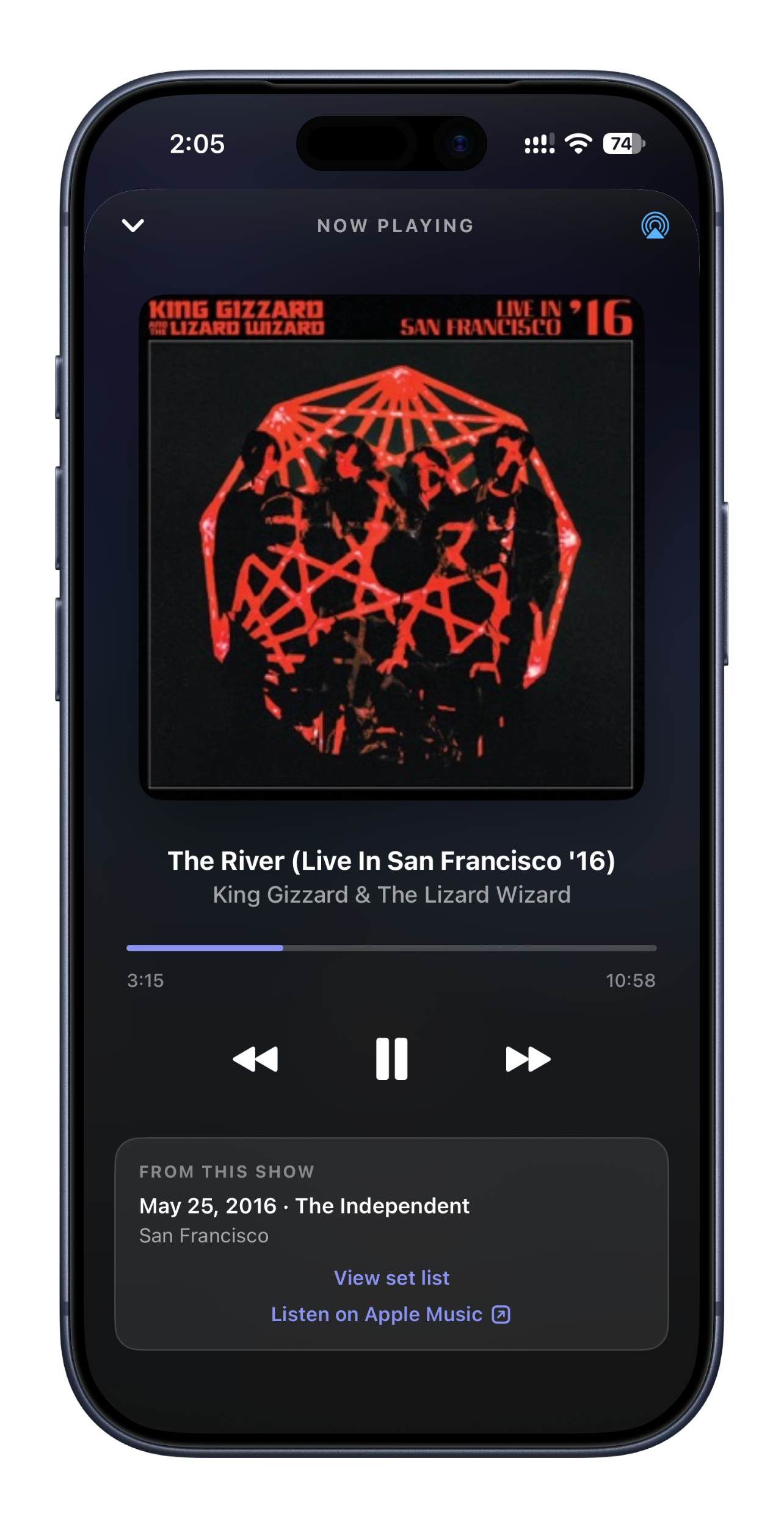 OnStage playing a King Gizzard & the Lizard Wizard live album through Apple Music