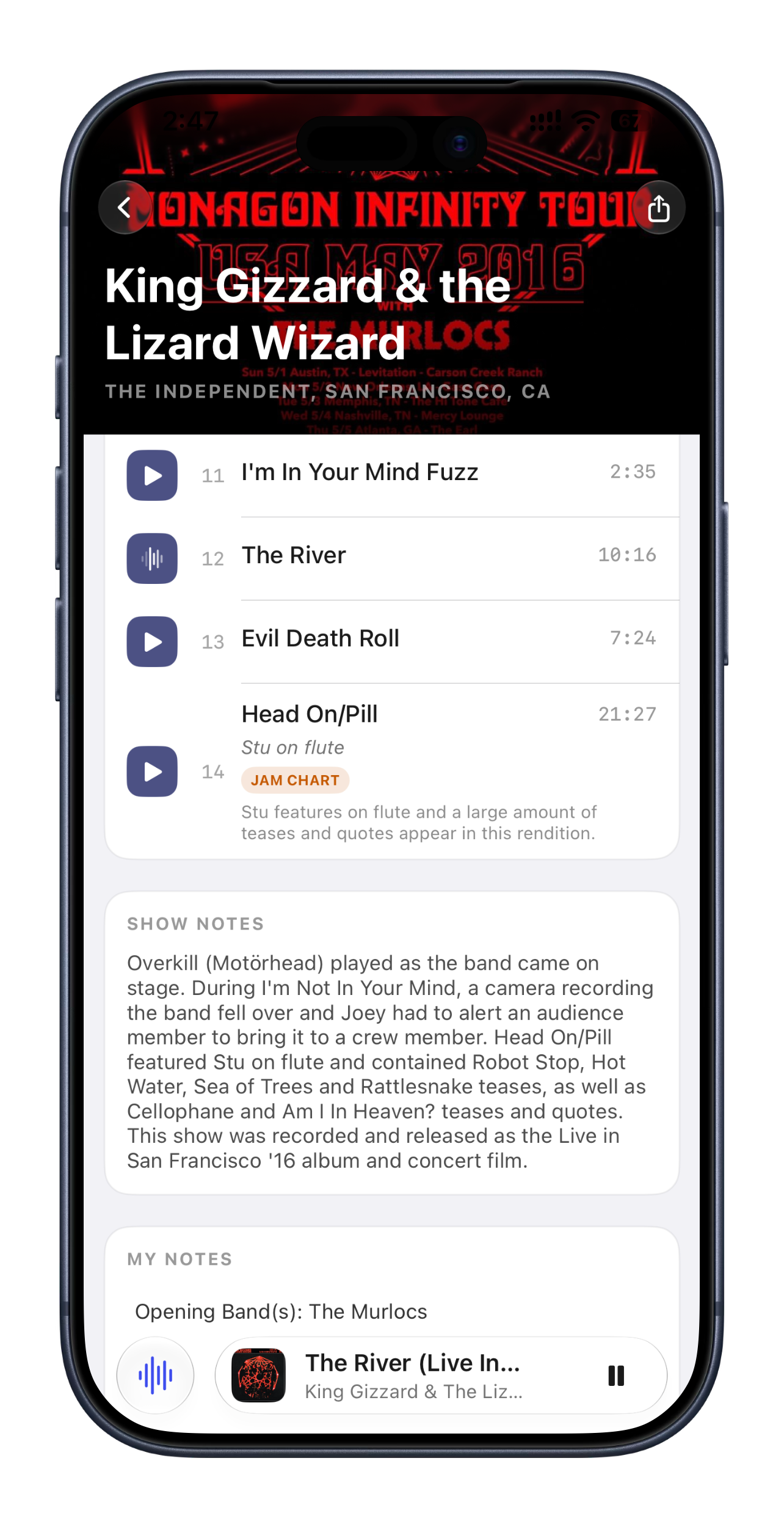 OnStage's show detail view with song gaps and show notes for a Phish set