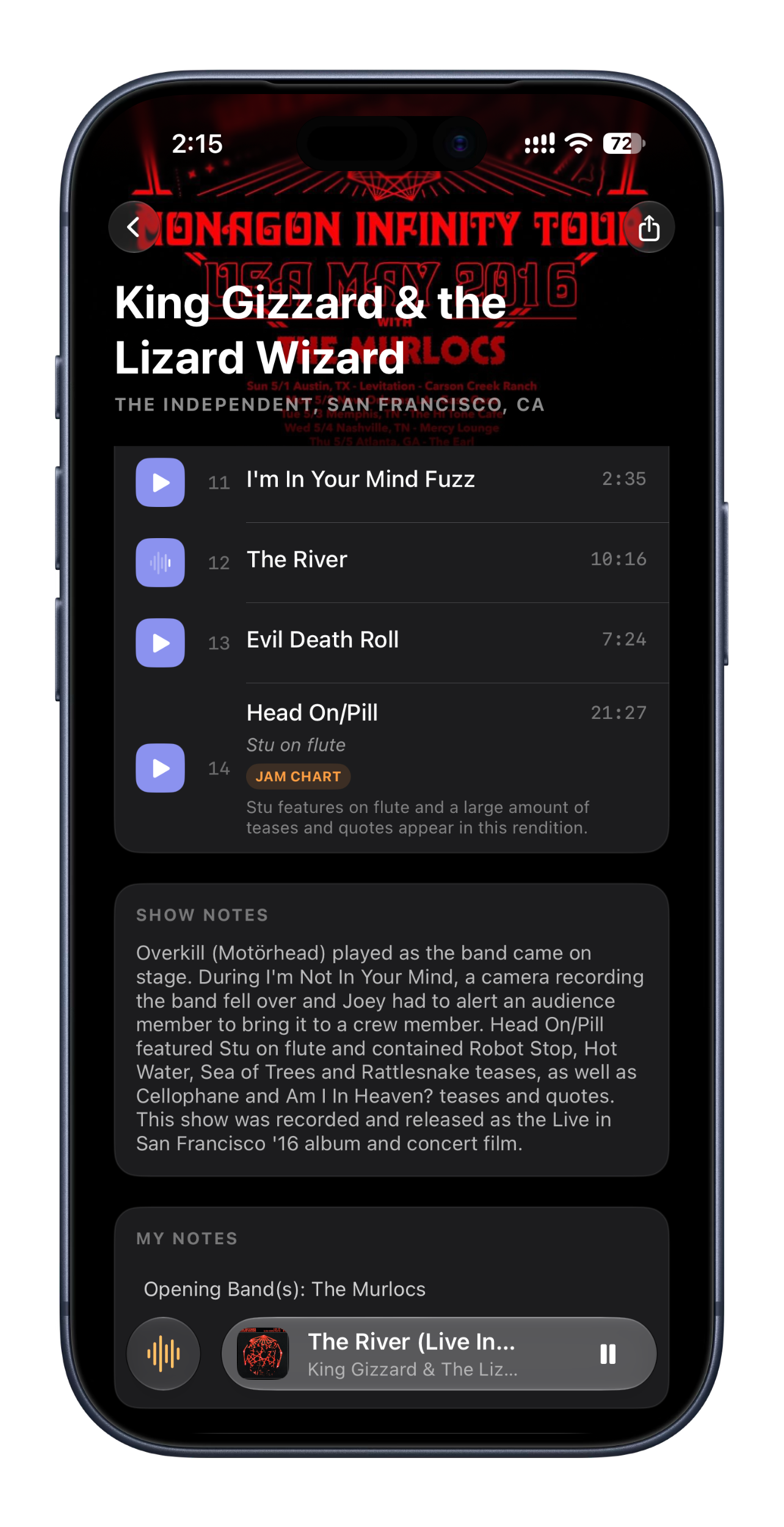 OnStage's show detail view with song gaps and show notes for a Phish set